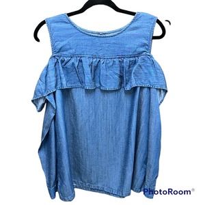 Loft Women's Lyocell Linen Mix Chambray Blue Cold Shoulder Top XL